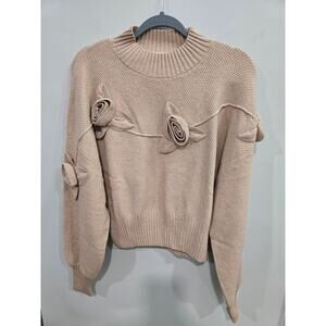 RIVIR Tan/Beige Mock-Neck Sweater w/Rose Trim Appliqués-Women's Size Large-NWOT